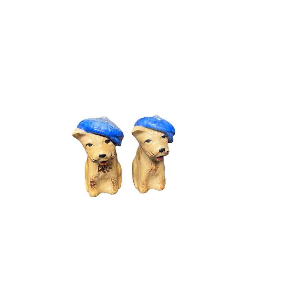 Vintage Ceramic Dog Salt and Pepper Shakers Blue Berets Japan